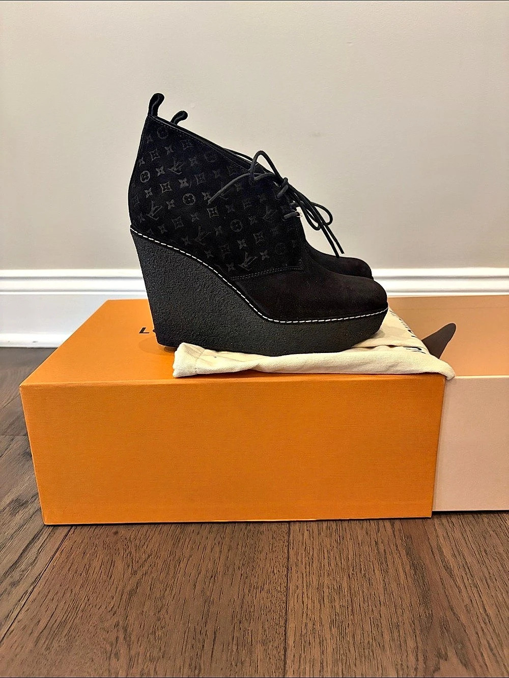 Louis Vuitton Monogram Suede Wedge Ankle Boots Black Wedge Ankle Boots